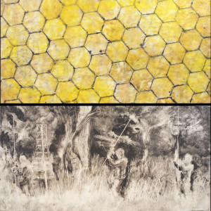 Catching a Swarm, diptych,  Encaustic with oil pigment and graphite, 24"x24"
